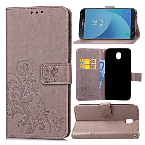 Guran® Funda de Cuero PU para Samsung Galaxy J5 2017 J530 Smartphone Función de Soporte con Ranura para Tarjetas Flip Case Trébol de la Suerte en Relieve Patrón Cover - Gris