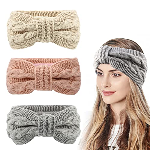 Bandeau Hiver Femme, 2 pièces Bandeau Cheveux Femme Hiver, Tricoté Bandeau Femme Elastique, Bandeau de Turban d'arc d'hiver, Bandeau élastique Rembourré doublé de Polaire Cover
