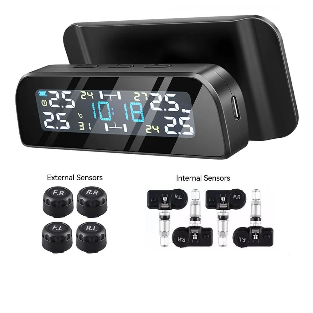 Tpms Sistema di monitoraggio della Pressione dei Pneumatici for Auto con sensore Solare Sensori Esterni della Pressione dei Pneumatici for 4 Ruote Pressione Pneumatici(T3 Internal)