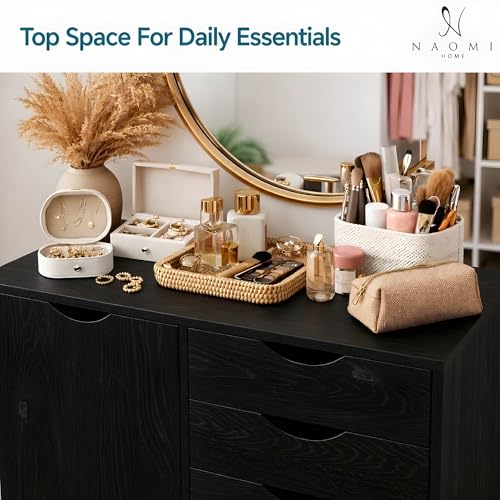 Image of Naomi Home Rolling Storage Cabinet with 5 Drawers & Side Cabinet, Engineered Wood Organizer with Shelves, Handle-Free Design & Swivel Casters for Home Office, Kids Room & Entryway - Distressed Black