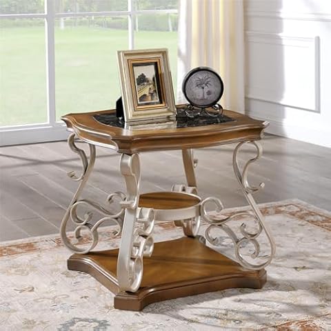 YWUFUART 2-Tier Vintage Wooden Coffee Table Metal Legs Marble Paper Table Top Retro for Living Room Bedroom Office Champagne End Table Cover