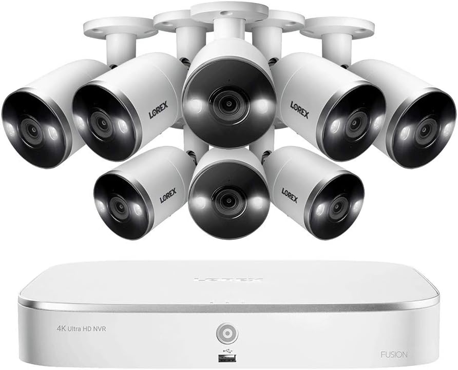 Lorex N4K2SD-88WB Surveillance System Featuring N842A82 Fusion 4K 2TB NVR and 8 E892AB 4K 8MP Active Deterrence Bullet Camera