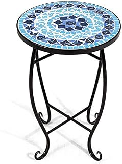 COSTWAY Garden Side Table, 60cm Mosaic Round Plant Table, Indoor Outdoor Patio Balcony Terrace Bistro Coffee Bar Table Furniture (Blue)