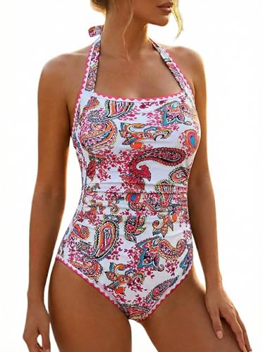 Hilor Women's Vintage Scalloped One Piece Swimsuit Modest Swimwear Ruched