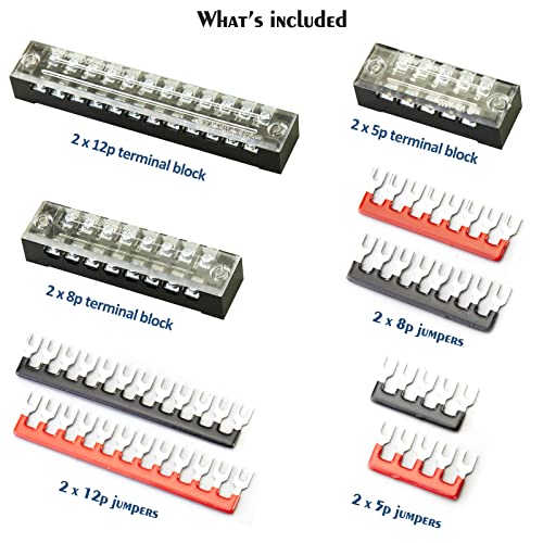 Gajing 12 Pcs (6 Sets) Terminal Blocks,6Pcs 5/8/12 Positions Dual Row 600V 15A Screw Terminal Strip With Cover + 6 Pcs 400V 15A Pre-Insulated Terminal Barrier Strip Jumper #TOP4