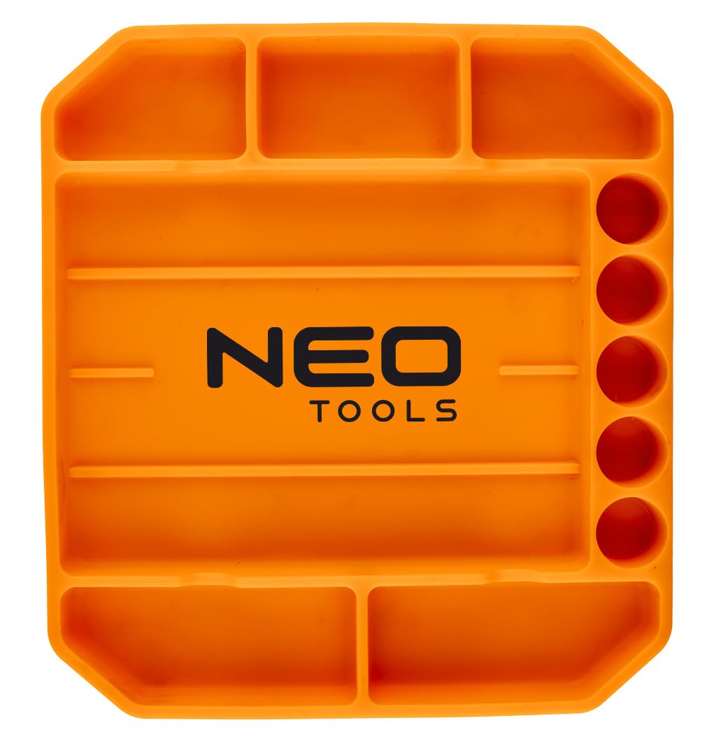NEO TOOLS Bandeja de herramientas de silicona, 25,7 x 23,2 x 2,5 cm, 6 compartimentos, 5 portabrocas, antideslizante, ligera, protege herramientas y equipos de taller, flexible, antideslizante