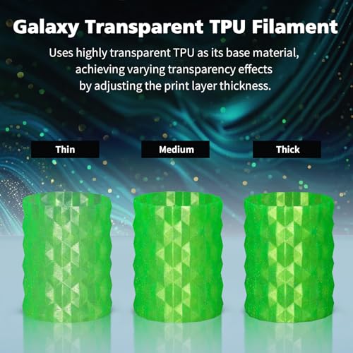 Image of YOUSU Transparent Galaxy TPU Filament 1.75mm Bundle, 95A (42D) Flexible Soft 3D Printer Filament, TPU Galaxy with Starry Sparkle Effect,250g Spool,4 Rolls, Black Gold+Colored, Transparent Yellow+Green