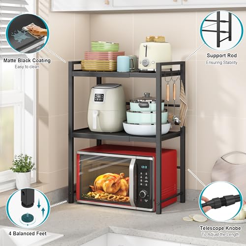 Image of DOLALIKE Expandable Microwave Rack, Countertop Kitchen Utensils Tableware Storage, Carbon Steel 3 Tier Shelf with 3 Hooks
