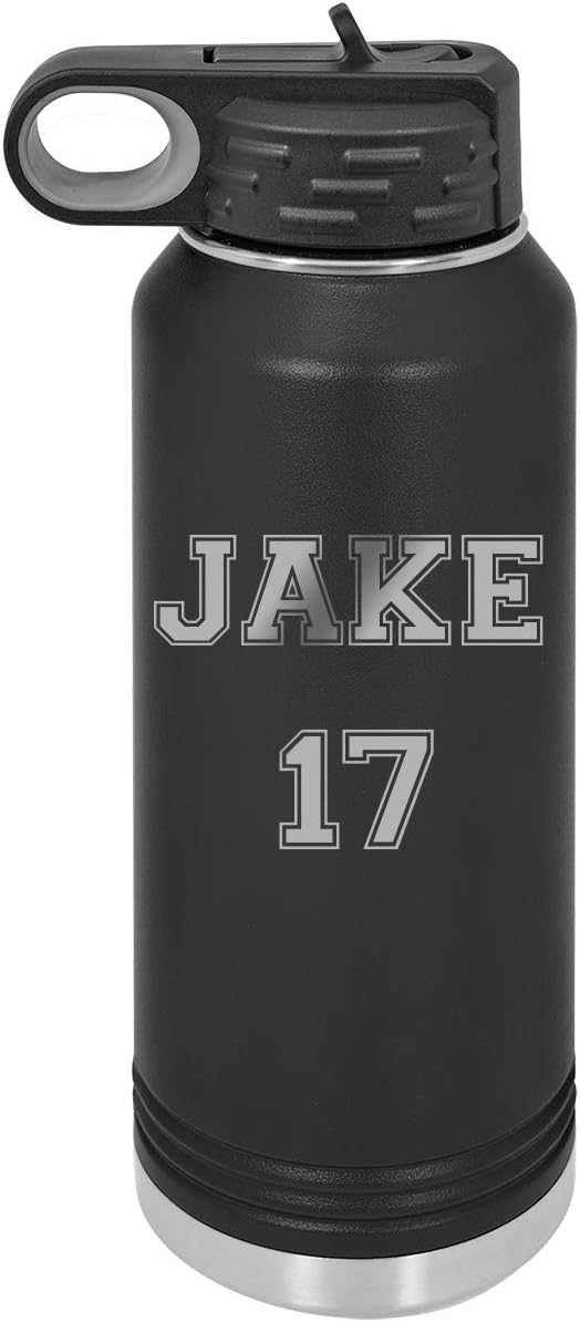 Personalized Custom Soccer, Football, Baseball, Softball Jersey - Add Your Name/Number Double Wall Insulated Stainless Steel Custom Sports Water Bottle with Flip Top Lid, Straw - Customizable