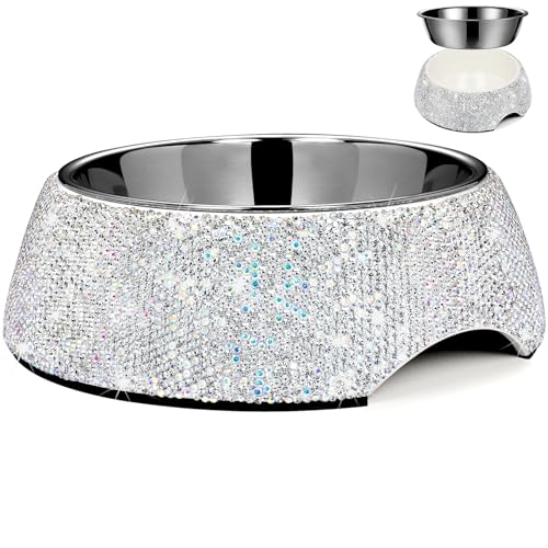SlowVibes Bling Stainless Steel Dog Bowls,7oz Detachable Rhinestone Metal Food Water Bowl for Feeding Dogs Cats,Rust Resistant Non-Slip Puppy Dish with Gems,Sparkle Essentials for Small Girly Pets