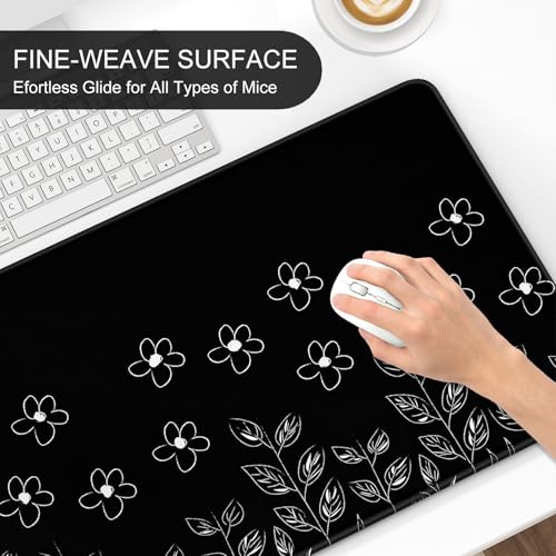 Image of Auhoahsil Desk Mat, Ultra Large Mouse Pad, XXL Gaming Mousepad, Pretty Desk Pad, Big Extended Full Size Desktop Desk Matt for Keyboard, Laptop & Computer, 35.5 x 15.7 in, Minimalist Flower Black