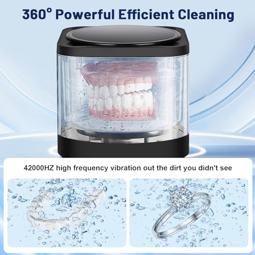 Ultrasonic Retainer Cleaner for Dentures, Mouth Guard, Night Guard, 45kHz Professional Dental Ultrasonic Cleaner, 190ml Sonic Cleaning Machine for Jewelry, Dental Appliance (Black) - Thumbnail 3