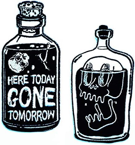 Set 2 Pcs Skull Liquor Bottles Here Today Gone Tomorrow Beverages Beer of Mug Death Gothic Horror Kids Cartoon Iron on Patch Embroidered Patch Supplies for Jacket Bags Jeans Backpack Clothes DIY