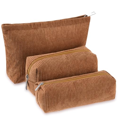 Huhumy 3 Pcs Makeup Bag Set for Women Corduroy Cosmetic Pouch Aesthetic Smile Travel Toiletry Bag Cute Purse Pouch Pencil Case Makeup Brushes Storage Organizer for Christmas(Brown,Solid Style)