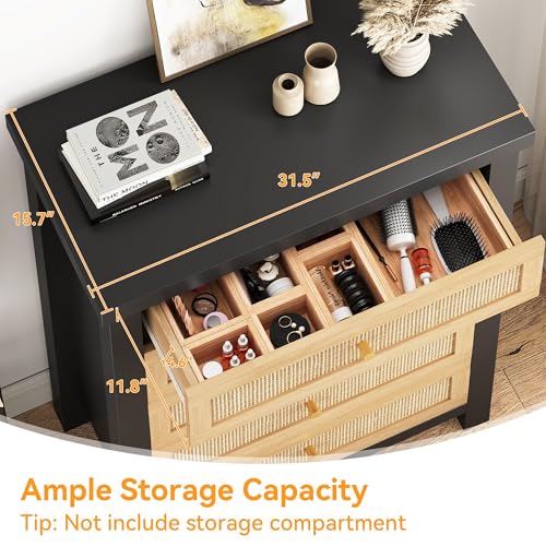 Image of Natural Rattan Dresser for Bedroom with 5 Drawers, Wood Boho Chest of Drawers with Gold Metal Handle, Matte Top Bedroom Tall Dresser with Large Drawers for Living Room, Closet, Hallway, (Black)