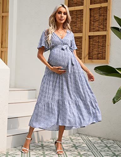 Funjuly Maternity Dress Women's V-Neck Puff Sleeve Pleated Maternity Maxi Dress For Baby Shower Or Casual Wear Blue Yellow Stamens L #TOP2