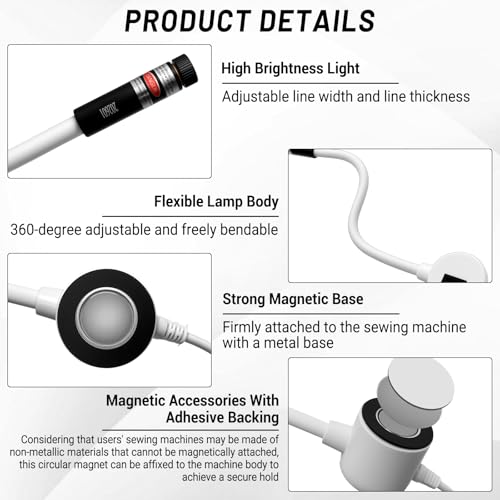 5mW Laser Light for Sewing Machine, Magnetic Quilting Seam Guide | USB magnetic laser guide with cross line, flexible neck and 3 magnets for quilting and straight seam alignment