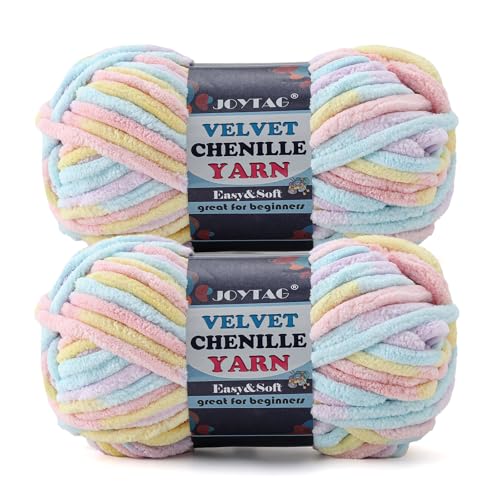 Image of 2 Pack Chunky Chenille Yarn for Crocheting and Knitting,Thick Bulky Plush Fluffy Velvet Soft Baby Blanket Crochet Chenille Yarn for Crocheting Blankets /Amigurumi /DIY Crafts(Macaron