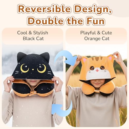Image of Mewaii Kids Travel Neck Pillow, Airplane Pillow with Hood, Orange | Memory Foam, Neck Support, Reversible, Adjustable Strap, Washable Cover, Cat Ear Hood, for Flights, Cars, Kids & Teens
