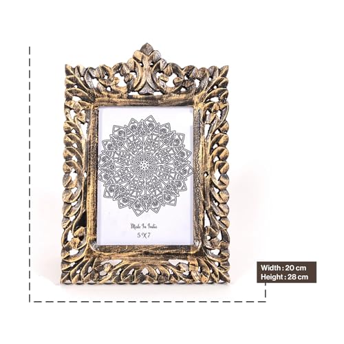 Image of Wooden Photo Frame for Wall Hanging and Tabletops Display | 5 x 7 Hand Carving Picture Frame | Wood Carving Antique Photo Frame for Wall Decorationg Gifting Home Decor (Antique Golden)