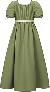 Girls Regency Victorian Dress, Short Puff Sleeve Long Summer Dress With Satin Sash, 10-14Y - Buy now