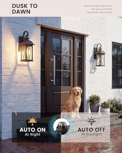Image of FEMILA Dusk to Dawn Outdoor Wall Light Fixtures, 15 inch Exterior Waterproof Wall Sconce, Front Porch Lights, ORB Finish with Hammered Glass, E26, UL Listed, 4FD54B-PC ORB-SD