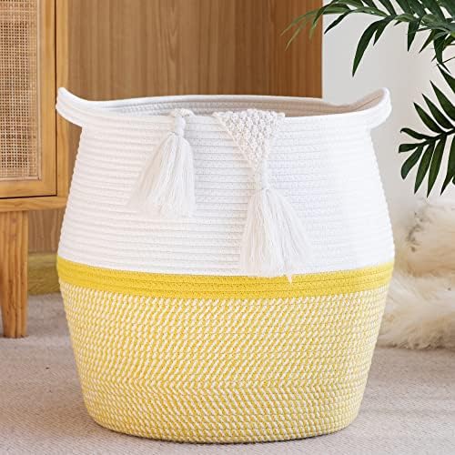 KAKAMAY Woven Baskets for Storage(17"x17"),Large Cotton Rope Basket Woven Baby Laundry Hamper,Collapsible Laundry Basket, Blanket Basket for Organizing Living Room,Nursery,Pillows,Toy Chest(Yellow)
