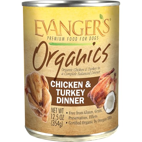 Evanger's Organics Chicken & Turkey Dinner for Dogs &ndash; 12 Count, 12.5 oz Each &ndash; Qualified Organic, Grain Free, GMO Free &ndash; Nutrient-Dense Recipe with Organic Vegetables &ndash; Wet Dog Food