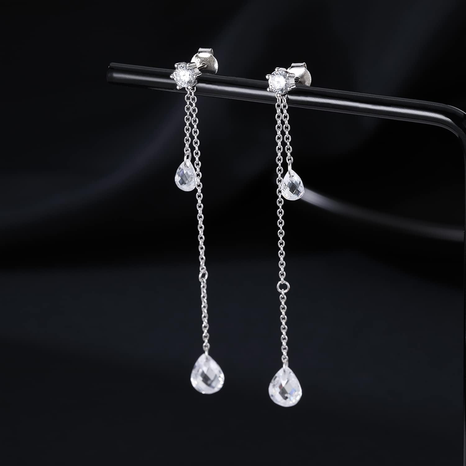 SLUYNZ Solid 925 Sterling Silver CZ Droplet Dangle Earrings Chain for Women Teens Girls Teardrop Wedding Dangling Earrings Tassel Sparkling CZ Studs Chain - Image 6