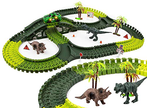 Dinosaur World Track Set  240 Flexible Pcs, Car Track Set with 2 Dinosaur, 1 Vehicle, 2 Trees, Toys for Kids, Children, Birthday Present for Boys and Girls