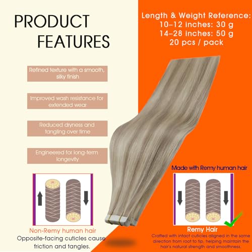 Image of Full Shine Tape in Hair Extensions Seamless Human Hair Invisible Tape in Human Hair Extensions Mixed Color Ash Blonde with Blonde 50 Gram Per Package Double Side Skin Weft 20 Inch 20Pcs Natural