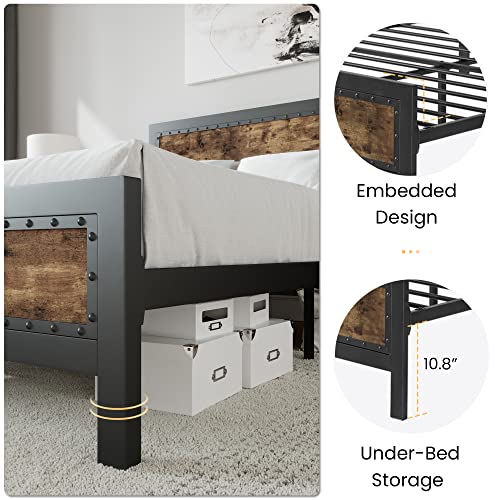 Sha Cerlin Grey Metal Bed Frame Queen/Industrial Wooden Platform Bed With Rivet Headboard Footboard / 13 Strong Metal Slat Support & 9 Stable Legs/Noise-Free/Easy Assembly/No Box Spring Needed #TOP3