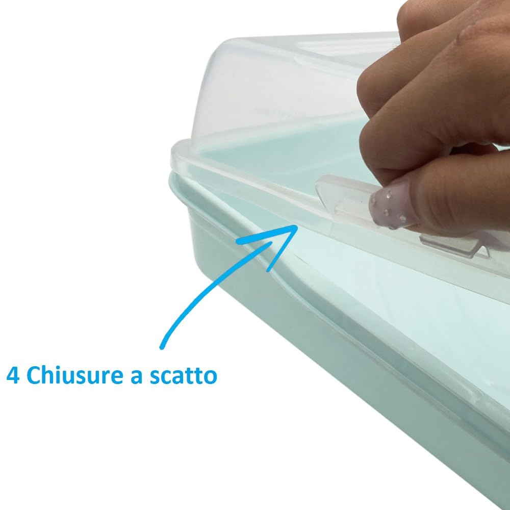 VIRSUS Porta Torte RETTANGOLARE in plastica, misura 43x30x10 cm, Contenitore con coperchio trasparente, portatorte 4 chiusure di sicurezza, per la conservazione di dolci e torte -6778F (Verde Acqua)