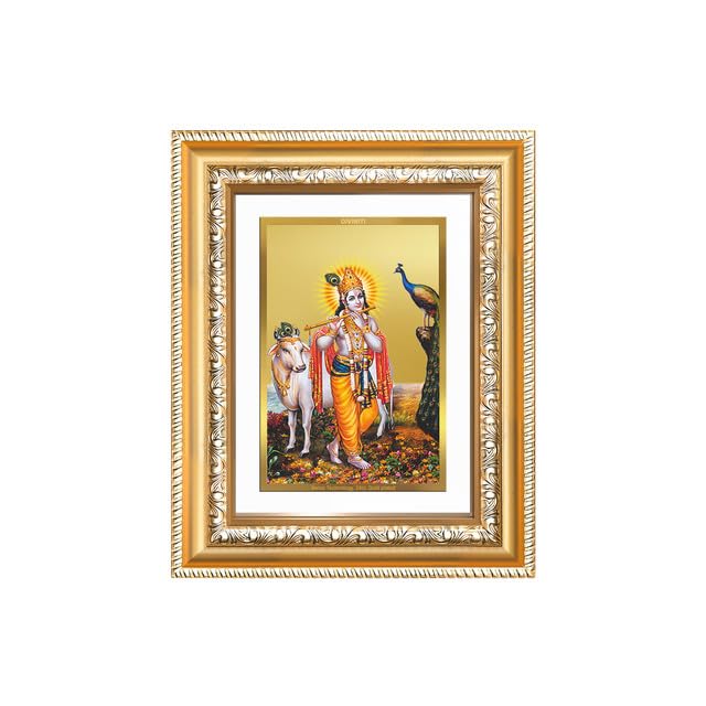 Image of DIVINITI Lord Krishna with Surbhi Cow 24K Gold Plated Foil Wall and Tabletop Photo Frame for Home Decor, Puja Room, Luxury Gifting | DG Frame 112 S2 (21.5x17.5 CM)