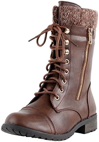 Forever Link Womens Mango-31 Round Toe Military Lace Up Knit Ankle Cuff Low Heel Combat Boots,Brown Pu,10