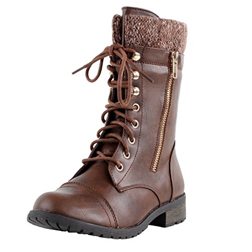 Forever Link Womens Mango-31 Round Toe Military Lace Up Knit Ankle Cuff Low Heel Combat Boots,Brown Pu,10 #TOP11