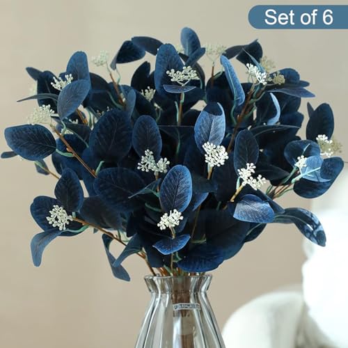 Image of TIED RIBBONS Pack of 6 Artificial Eucalyptus Flowers Bunches (Blue, 19.6 Inch) - for Vase Pot Home Decor Home Decor Living Room Side Table Centerpiece (Vase not Included)