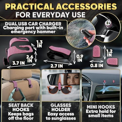 Pink Car Accessories Set, 27 Pieces – Bling Car Accessories for Interior Styling with Rhinestone Details for Daily Use, Universal Fit Kit for Steering Wheel, Vents, Mirror Area, Great Gift for Women — view 6