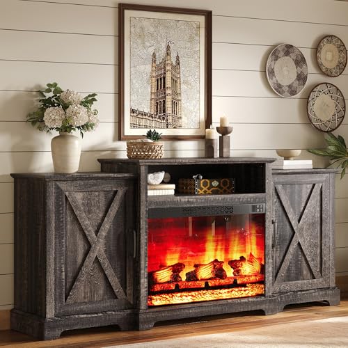 Image of AMERLIFE 70 inch Farmhouse Fireplace TV Stand for TVs up to 80 inch, Entertainment Center with 29 inch Electric Fireplace, Media Console with Storage Cabinets & Adjustable Shelf, Rustic Black