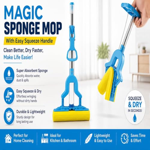 Image of Sponge Mop with Easy Squeeze Handle, Super Absorbent Floor Cleaning Mop, Adjustable Steel Rod, Multipurpose Kitchen Bathroom Cleaning, Magic Floor Wiper (Random Color Will Be Sent as Per Availability)