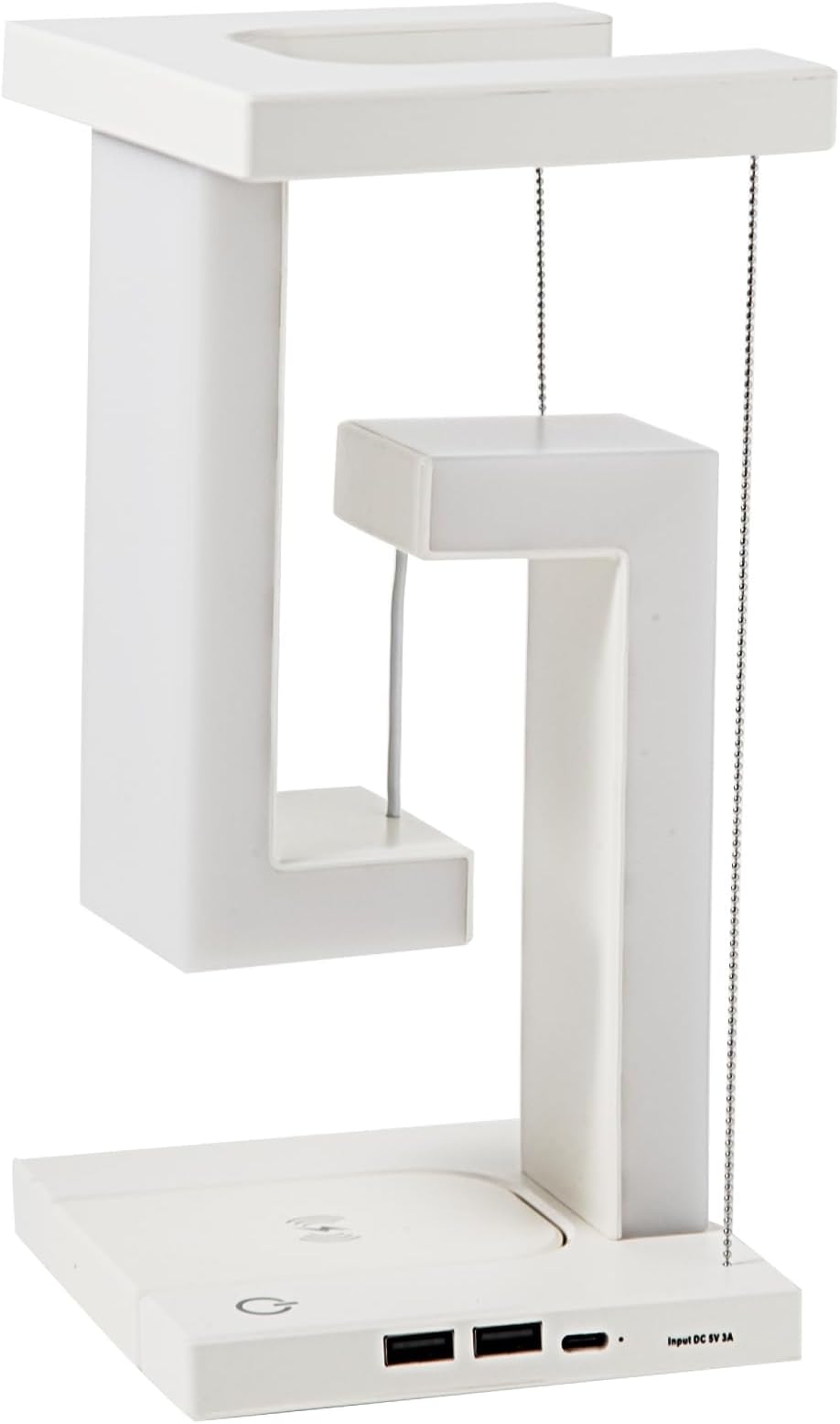 White Tensegrity Levitating LED Desk Lamp with 2 USB Ports and Portable Wireless Charging for Cell Phone