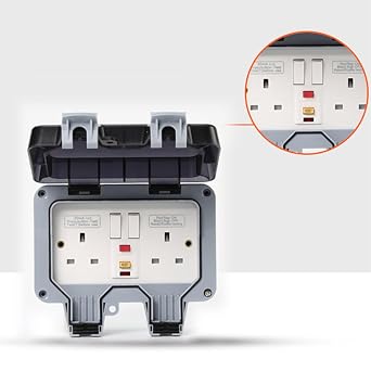 Outdoor RCD Socket, Double Switched Waterproof Sockets 13 Amp 2 Gang IP66 Rated Wall Electrical Outlet