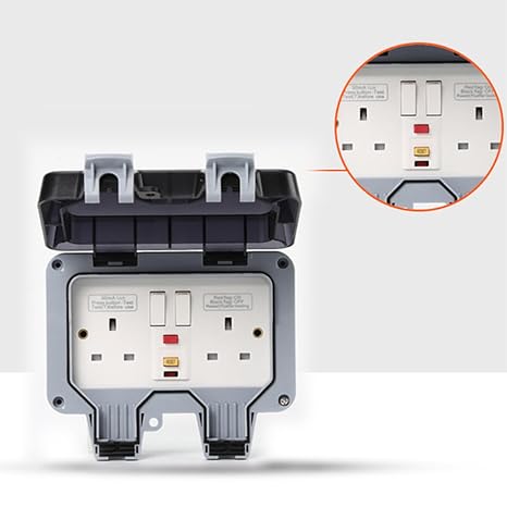 Outdoor RCD Socket, Double Switched Waterproof Sockets 13 Amp 2 Gang IP66 Rated Wall Electrical Outlet