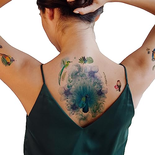 Supperb Large Temporary Tattoos - Watercolor Dream Of Peacock & Hummingbirds #TOP18