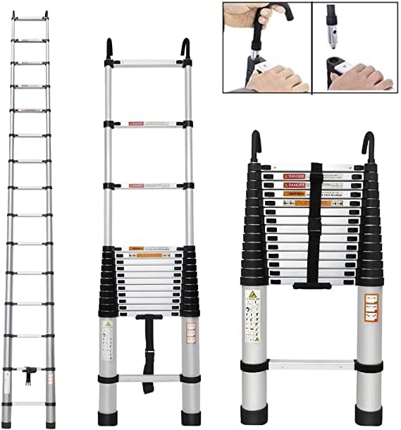 5M Aluminum Telescopic Ladder with 2 Removable Hooks, Non-Slip Folding Ladder 150kg/330lbs Extendable Ladder Folding 95cm Multipurpose Ladder for Home Garden