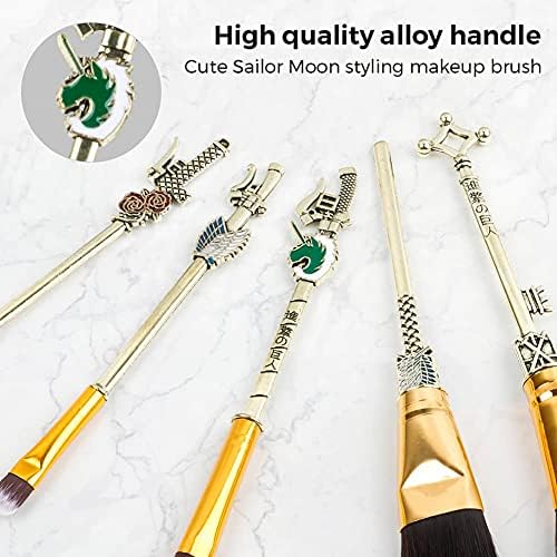 Makeup Brush Set Attack on Titan Anime Collection for Foundation Blush Eyeshadow Face Concealer Eyeliner Contour Powder Liquid Eye, Gift for Girls Women, Attack on Titan merch, 5 pcs, Deep Gold