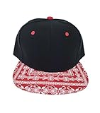 aesthetinc Classic Paisley Bandana Print Flat Bill Snap Back Cap Hat (Black Red)