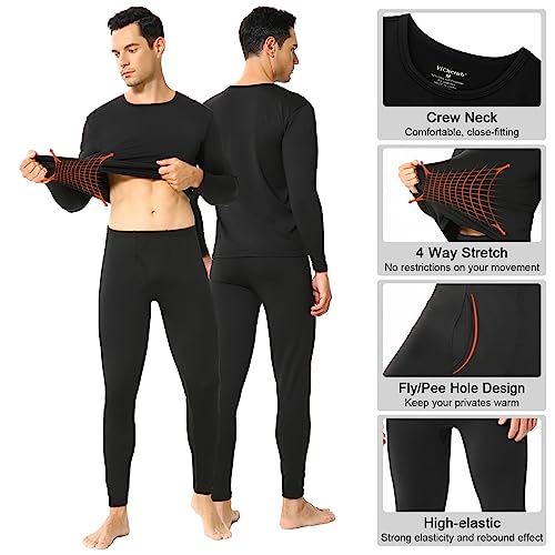 ViCherub Thermal Underwear for Men Fleece Lined Long Johns Ultra Soft Thermals Top and Bottom Warm Base Layer Mens Set of 2 Black & Black XL