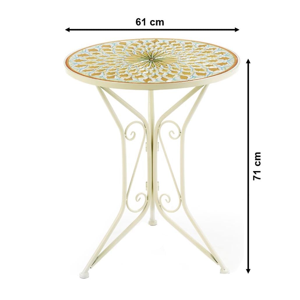 Kobolo Metalltisch mit Mosaikoptik | 61x61x71 cm | weiß | runder Gartentisch im mediterranen Design | dekorativer Bistrotisch für Garten, Balkon & Terrasse | stilvoller, wetterfester Beistelltisch