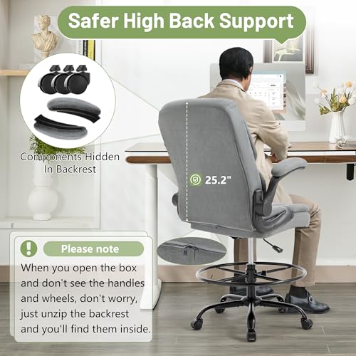 Image of 500LBS Drafting Chair, High Back Safer Standing Desk Chair, Executive Tall Office Chair with Flip-up Armrests, Upholstered Fabric Task Chair, Ergonomic Seat with Adjustable Height&Foot Ring, Grey